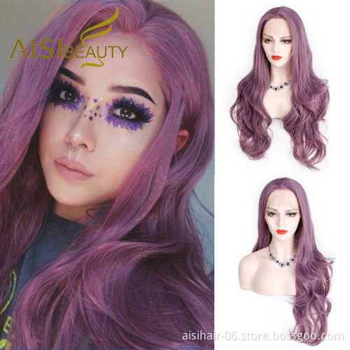 Aisi Beauty Wholesale Cheap Vendor Purple Curly Wave Wig Long Wavy Lace Frontal Synthetic Hair For Black Women Lace Front Wig
